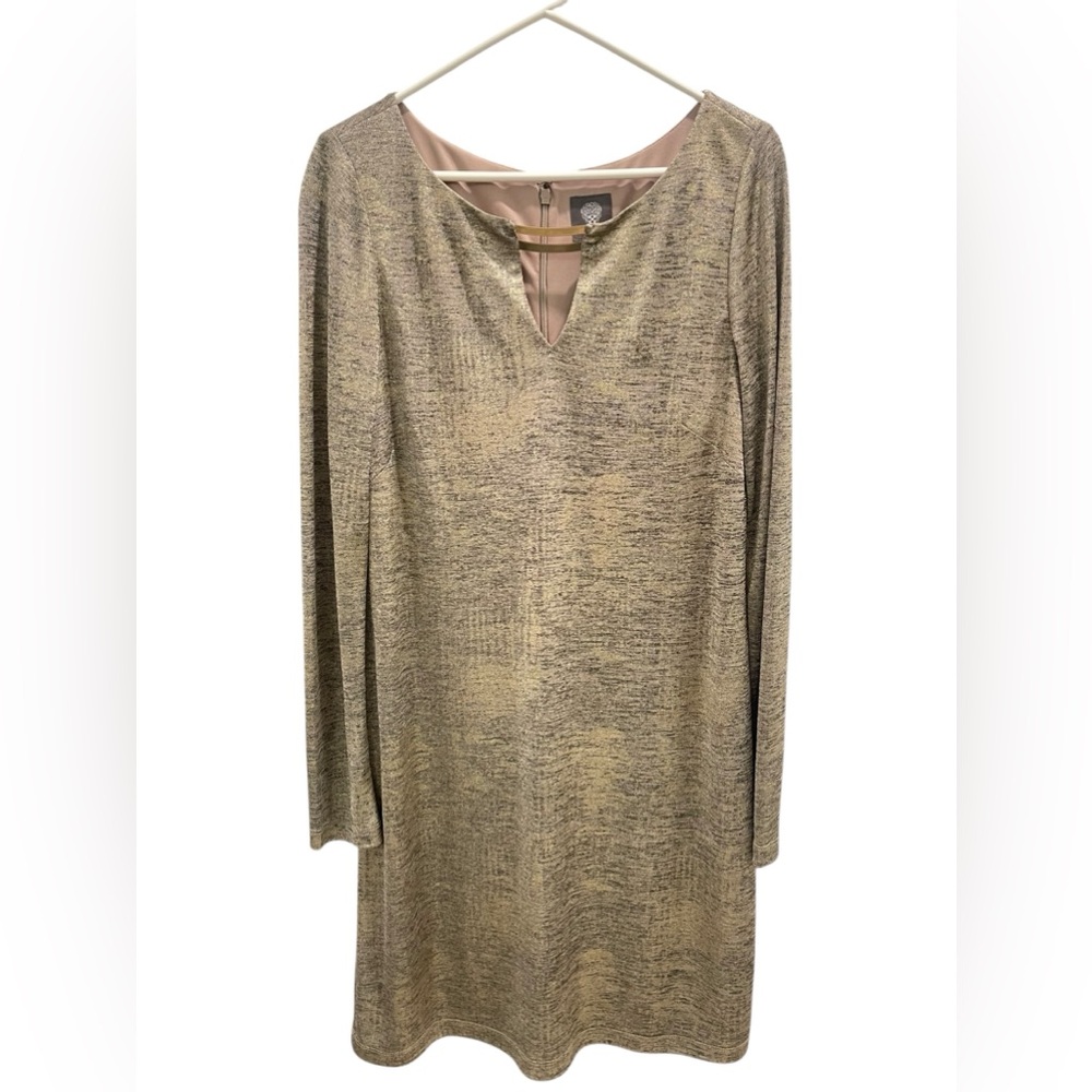 Vince Camuto Metallic Long Sleeves Shift Dress Midi Stretchy Lined Size 10 - Picture 3 of 12